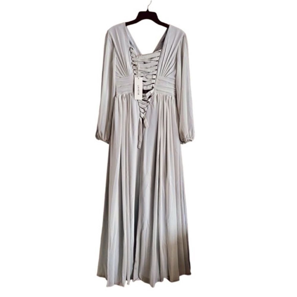 Lavetir Silver Chiffon V-Neck Long Formal A-Line Dress Lace Up Back Size Small - Picture 9 of 14